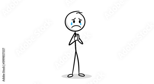 Sad stick figure with tearful eyes and clasped hands begging for help conveying desperation and pleading emotion