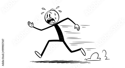Cartoon stick figure man running in panic with sweat drops and motion lines expressing fear and urgency in a dynamic