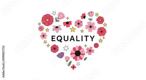 Equality heart design made of colorful hand drawn flowers.
