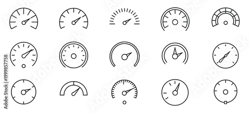 Speedometer icon set, modern gauge and performance meter symbols, clean outline vector pack with dial and needle indicators