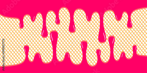 Wavy syrup illustration. Dripping candy illustration background. Pink ice cream drip illustration. Fast food caramel drip illustration. Hand-drawn milk drip on waffle background.