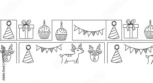 Hand drawn doodle border pattern with birthday and Christmas party elements.