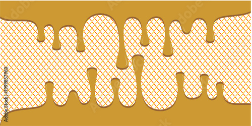 Hot chocolate drip illustration. Melting chocolate on waffle background. Drippy ice cream vector design. Wavy choco melt border. Brown chocolate drips illustration.
