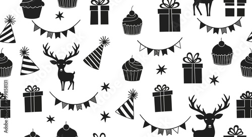 Seamless pattern with hand drawn black and white festive party elements.