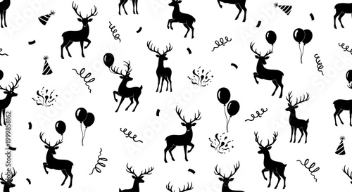 Seamless Pattern Featuring Black Silhouettes of Deer with Party Balloons and Confetti.