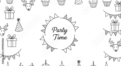 Hand Drawn Party Time Doodles Illustration Border.