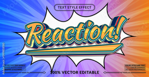 Editable reaction text effect with bold comic pop art style, featuring vibrant burst background and dynamic colors. Perfect for social media, stickers, posters, and fun branding.