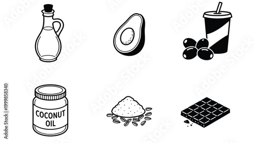 A collection of six isometric icons representing healthy food ingredients and drinks, including oil, avocado, olives, coconut oil, seeds, and chocolate.