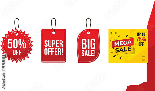 Sale tag vector set featuring mega sale offer banners and discount labels for retail shopping promotion marketing.