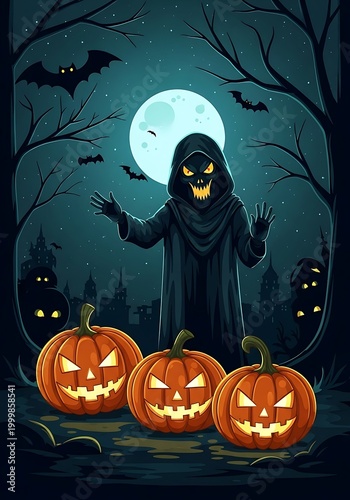 Spooky hooded figure stands before glowing carved pumpkins under a full moon night sky