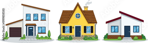 Modern residential house vector set featuring suburban family homes cottage exterior and real estate building architectural illustration collection.