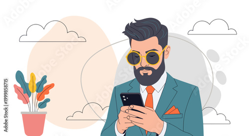 Stylish bearded man in sunglasses and suit using smartphone modern flat illustration with abstract shapes and potted