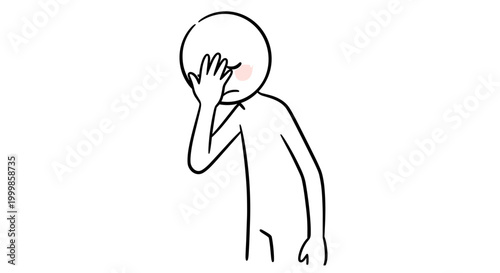 Simple minimalist stick figure character covering face in embarrassment or frustration isolated on white background