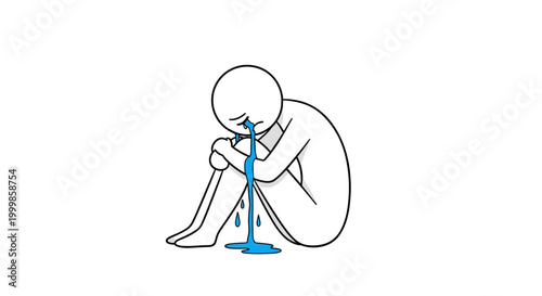 Isolated cartoon figure crouching in distress vomiting blue liquid symbolizing illness sickness nausea or emotional