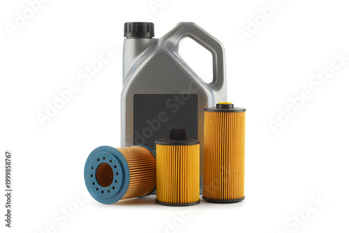 Gray plastic motor oil jug and three cylindrical car filters