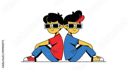 Two cartoon children wearing sunglasses and colorful clothing sitting back to back on a white background conveying