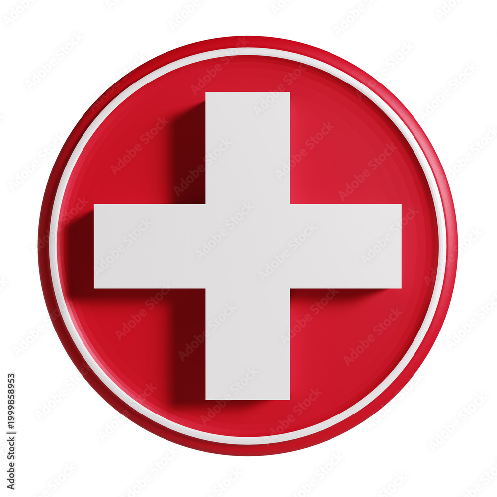 Obraz premium Emergency Health Care Icon Red Cross Badge with Glossy 3D Effect, Hospital and Pharmacy Symbol Red Medical Cross Button Isolated Design