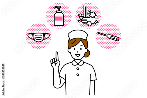 風邪予防の4つの方法（マスク・消毒・手洗い・検温）を案内する女性看護師