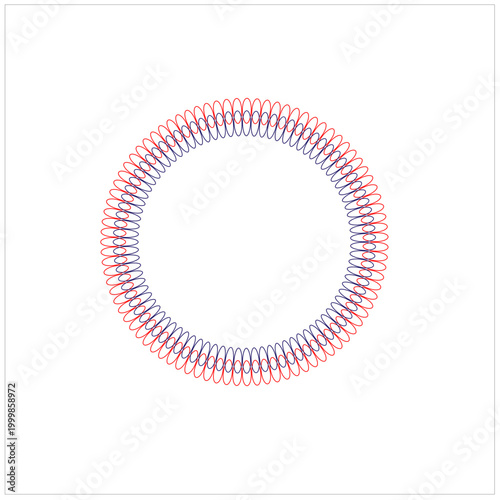 Abstract Circular Wave Pattern with Interlaced Red and Blue Lines on White Background