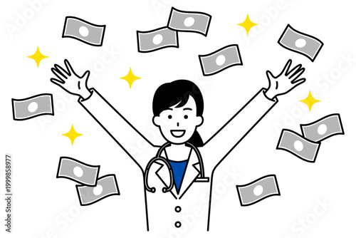 舞うお札とバンザイで喜ぶ女性医師