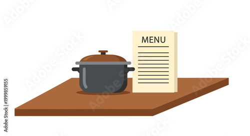 Restaurant preparation concept with cooking pot and menu on wooden table culinary service food planning and restaurant