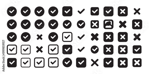 Check mark icons and cross symbols in square and circle frames vector set of tick and x marks for design projects.