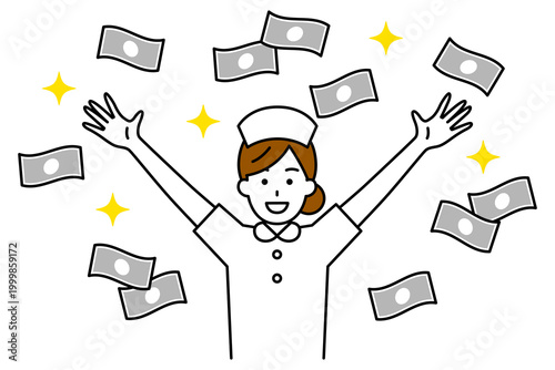 舞うお札とバンザイで喜ぶ女性看護師