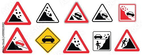 Falling rocks debris landslide warning sign with warning triangle, collapsing rocks, and unstable terrain symbols, minimal safety icon design, representing landslide risk, mountain road hazards