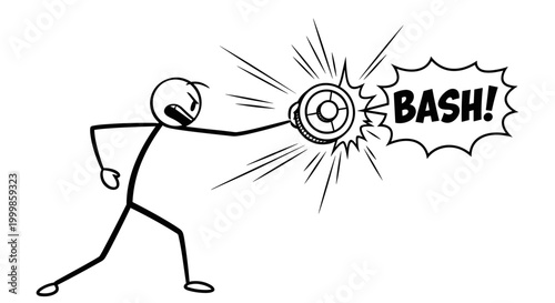 Stick figure character punching a target with force showing impact and action graphic illustration representing power