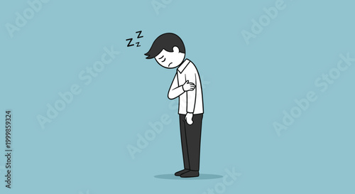 Exhausted businessman slumps forward showing signs of extreme fatigue and sleepiness with 'zzz' symbols above his head