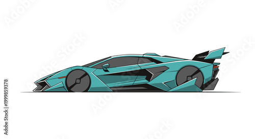 Futuristic turquoise sports car with aggressive aerodynamic lines and a large rear spoiler presented in a sleek side