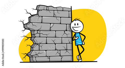 Cartoon stick figure peeking from behind a cracked stone wall symbolizing overcoming obstacles and finding solutions