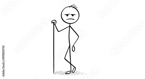 Frustrated stick figure man holding cane standing with determined expression conveying annoyance and disapproval