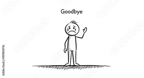 Sad stick figure waving goodbye with tears representing farewell sadness and leaving isolated on a white background