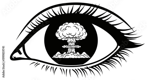 Symbolic representation of a powerful explosion reflected in a human eye symbolizing destruction and awareness of danger