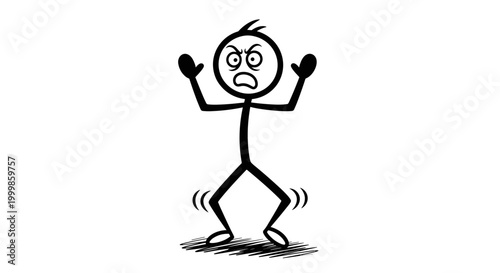 Frustrated stick figure man shouting with wide eyes and raised hands showing anger and stress isolated on white