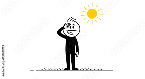 Stick figure saluting under bright sunny sky with rays representing respect greeting or acknowledging a bright future