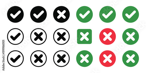 Green check marks and red cross symbols in circular frames for acceptance and rejection status in mobile interface.
