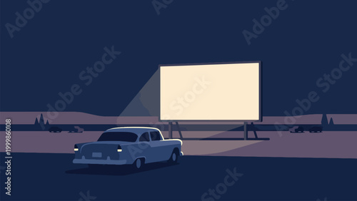 A vintage car parked at a drive-in movie theater at night, with the large screen illuminated and ready for a film.