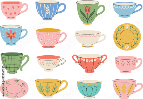 Cute teacups collection with decorative patterns colorful vector illustration for kitchen decor and drinkware design
