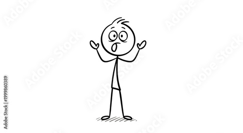 Surprised stick figure character with wide eyes and open mouth throwing hands up in shock and confusion isolated