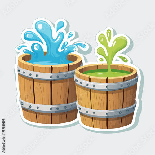 Wooden Barrels with Splashing Water and Green Liquid