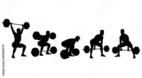 Silhouettes of weightlifter performing deadlift and overhead press with weightlifting weightlifter exercise