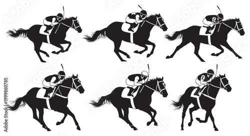 Six silhouette illustrations of jockeys riding racehorses galloping at speed during a horse race with movement
