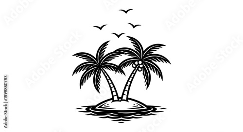Two palm trees on a small tropical island in the ocean with birds flying overhead palm tree tropical