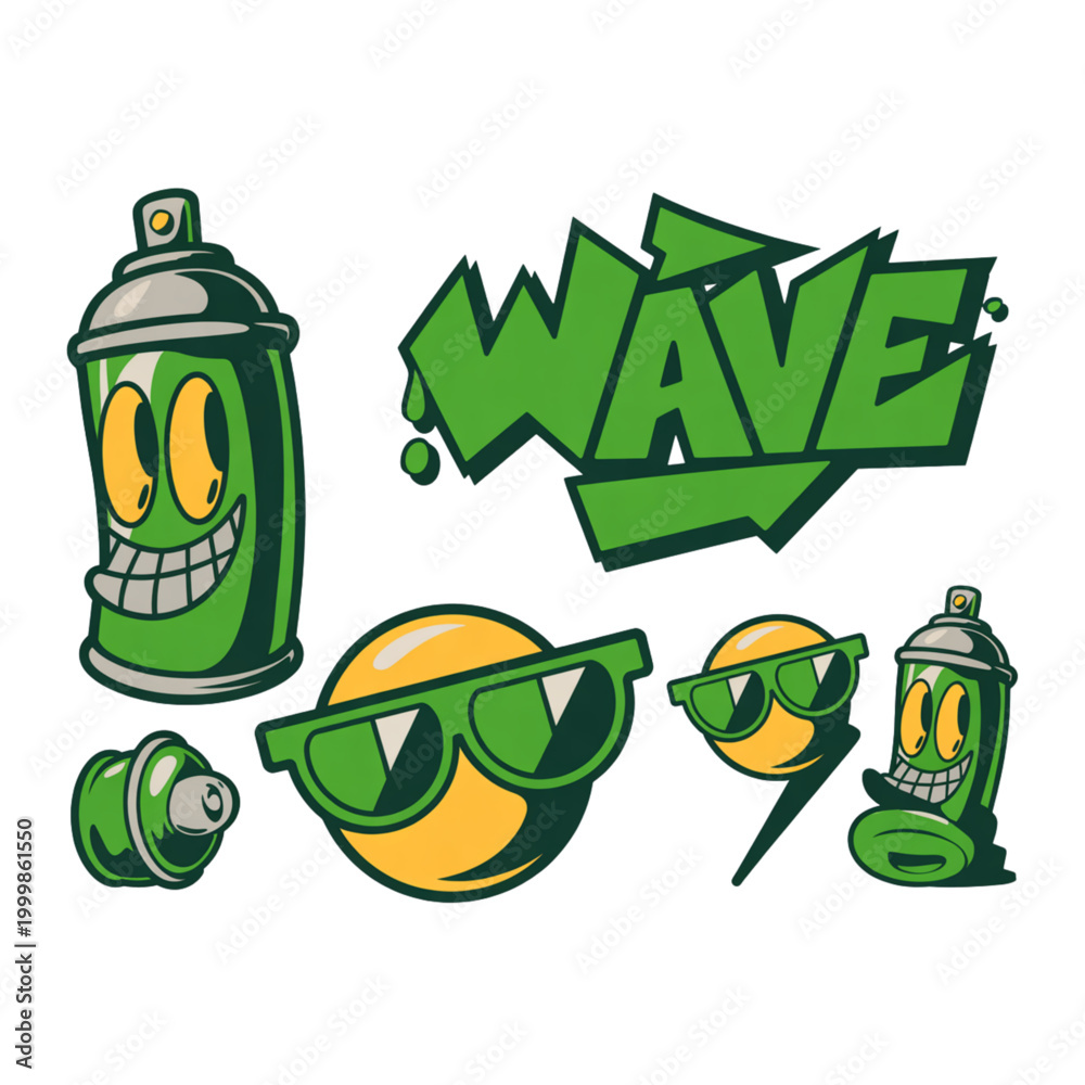 Naklejka premium Graffiti spray can character set, urban street art wave text and cool sunglasses emoji vector