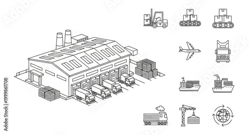 Warehouse and transportation icons sketch drawing.