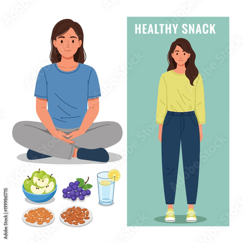 Healthy Lifestyle: Woman, Fruits, Nuts, and Water for Nutrition and Wellness