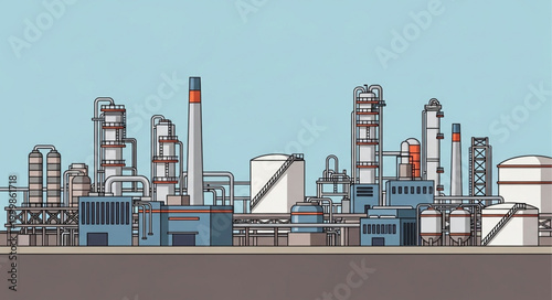Industrial factory complex with tall chimneys and storage tanks.