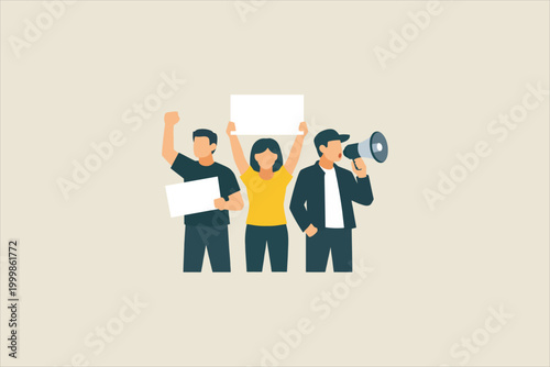 Group of protesters holding banners and megaphone during demonstration, representing activism, protest movement, public voice, social campaign, and political advocacy. Flat vector illustration.